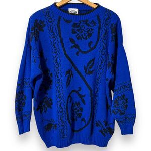 Vintage-Inspired Cobalt Blue Crewneck Sweater with Black Floral Pattern